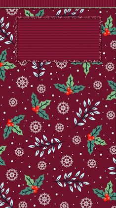 a red background with holly leaves and snowflakes on the bottom, along with white dots