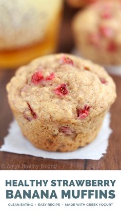 healthy strawberry banana muffins with text overlay