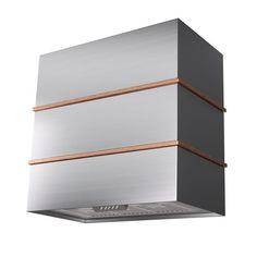 a stainless steel and wood wall mounted range hood with two lights on each side, in front of a white background