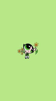 a cartoon cow holding flowers on a green background