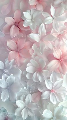 a bunch of white and pink flowers are in the middle of a wallpapered background