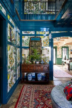 Colorful Tudor Home Interior Design by Kati Curtis Design | 1stDibs Suspended Mirror, Fine Paints Of Europe, Hallway Paint, Tudor Home, Mid Century Art Deco, Art Deco Ceiling, Tudor Style Homes, Eclectic House, Custom Stained Glass