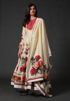 Rohit Bal-Ivory Digital Print Anarkali Set-INDIASPOPUP.COM Floral Print Anarkali, Chanderi Anarkali, Silk Anarkali, Pakistani Clothes, Summer 25, Long Kurti, Rohit Bal, Long Kurti Designs, Pakistani Dress