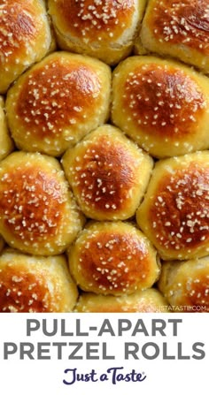 pull apart pretzel rolls with sesame seeds on top and text overlay that reads just a taste