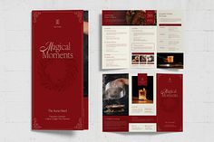 a brochure is shown with red and white designs on the front, back and sides