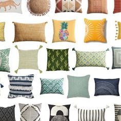 many different pillows are arranged in rows on a white background, each with an animal and cactus motif