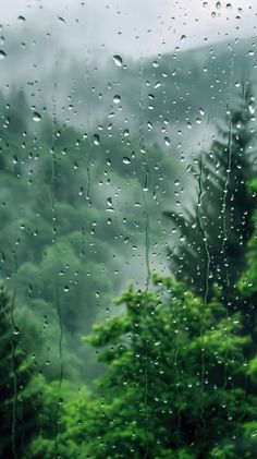 rain drops on the window as trees stand in the foreground and mountains are seen behind them