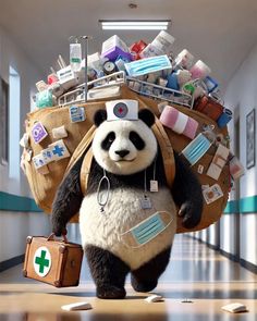 a panda bear carrying luggage in the middle of a hallway with other items on it's back