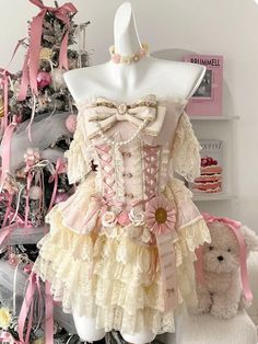 Beige and Pink Strapless Princess Corset Top with Beige Lace Skirt Bloomers Set Ethereal Concert Outfit, Princess Corset, Pink Corset Dress, Pink Corset Dress With Lace Trim, Balletcore Corset With Boned Bodice, Pink And Yellow Outfit, Pink Steampunk Aesthetic, Pink Pirate, Cute Corset Outfit