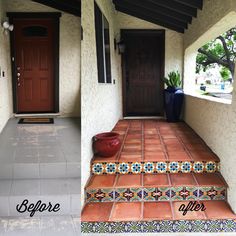 before and after photos of a home's front porch with tile steps leading up to the door