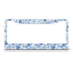 a blue and white flowered license plate cover with an ornate design on the front