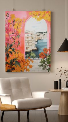 a painting hanging on the wall next to a white chair and table with vases