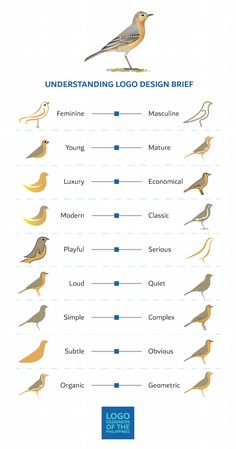 birds that are standing in different directions on a white background, with the words underhanding logo design brief below them