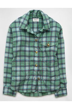 Collared neck/Button-up front/Chest pocket with flap button closure/Patch pockets at front/Curved hem | Plaid print/This is Real Good: Made with the planet in mind & a promise to continue to do better. Plaid Shacket, Do Better, Plaid Print, Chest Pocket, American Eagle Outfitters, Women's Jeans, Button Up Shirts, American Eagle, Button Up