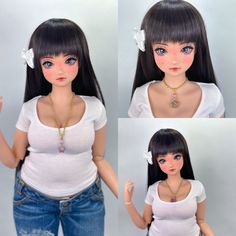 four photos of a doll with long black hair, wearing a white shirt and blue jeans