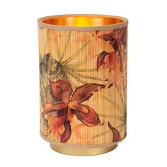 a vase with flowers painted on it and gold trimmings, sitting against a white background