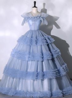 Homecomings Dresses, Tiered Dress Formal, Blue Tulle Gown, Fairy Gown, Ruffle Prom Dress, Tulle Balls, Quinceanera Dresses Blue, Cathedral Train, Quinceanera Dress