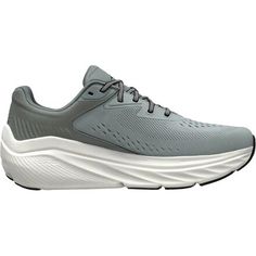 a gray and white running shoe on a white background