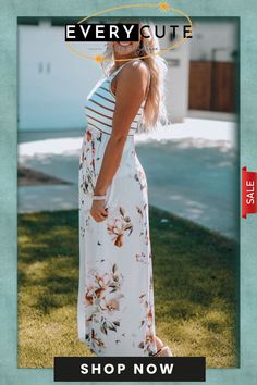 White Striped Floral Print Sleeveless Maxi Dress with Pocket White Floral Print Sleeveless Maxi Dress, White Sleeveless Summer Maxi Dress, White Floral Print Maxi Sleeveless Dress, Dresses By Length, Floral Stripe, Sleeveless Maxi Dress, Long Maxi Dress, Women's Fashion Dresses, Breathable Fabric