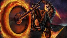 a painting of a skeleton riding a motorcycle with flames coming out of the back tire