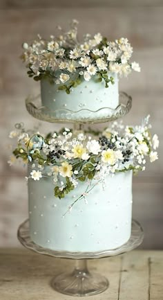 two tiered cake with white flowers on top and blue icing in the middle