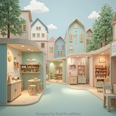 the interior of a dollhouse with furniture and accessories in pastel blue, green and beige colors