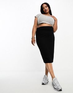 ASOS DESIGN Curve jersey pencil midi skirt in black | ASOS Solid Bodycon Casual Bottoms, Solid Color Casual Bodycon Bottoms, Casual Solid Color Bodycon Bottoms, Black Bodycon Skirt In Elastane, Casual Bodycon Skirt For Work, Black Bodycon Casual Skirt, Casual Bodycon Knee-length Pencil Skirt, Casual Bodycon Knee-length Skirt, Black Knee-length Bodycon Skirt