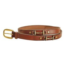 a brown leather belt with gold buckles on the bottom and two rows of brass hardware