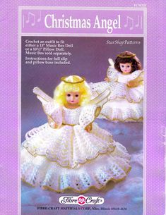 the crochet pattern for christmas angel dolls is shown in white and has an angel on