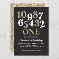 a black and gold birthday party card with the number one on it's front