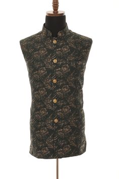 Showcasing a black color readymade mandarin collared Nehru jacket designed in silk with floral printed motifs. Also features button details and front pockets. Specifications Sleeve Length - Sleeveless Lined with Polyester and rayon lining L is around 28 inches for size 40  Jacket Length depends on the sizes Top Shape - Straight Top Hemline - Straight Neck - Mandarin Collar Jacket Pattern - Floral Indian Traditional Wear, Mandarin Collar Jacket, Indian Party, Indian Party Wear, Nehru Jacket, Nehru Jackets, Green Floral Print, Collar Jacket, Indian Traditional