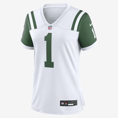 Rep one of your team's top stars with this New York Jets Jersey. Proper ventilation and a form fit help provide a dry, comfortable wear with the authentic look of the on-field uniform. White Sporty Jersey For Football Season, White Football Season Sports Jersey, White Jersey For Football Season Sports, White Sports Jersey For Football Season, White Sporty Jersey With Team Logo, White Sportswear Top For Game Day, White Moisture-wicking Jersey For Game Day, White Moisture-wicking Top For Football Season, White Nike Jersey For Sports Events