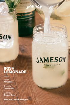 the cover of jameson's irish lemonade is being poured into a mason jar