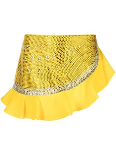 lemon yellow virgin wool blend crystal embellishment ruffled detailing thigh-length Area Skirt, Watermelon Crystal, Watermelon Skirt, Bling Outfits, Albums Aesthetic, Hollister Style, Yellow Clothing, Yellow Mini Skirt, Sparkle Outfit