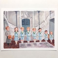 A print of a custom original gouache painting of Maria meeting the children from Sound of Music painted by me! Watermark not on the print. Signed on the back by me! Colors may vary due to screen monitor.  Each print is packaged in a clear envelope with stiff backing and shipped in a stiff envelope. Thanks for stopping by! © Audra Esch Sound Of Music Movie, Music Drawings, The Sound Of Music, Art Mignon, Music Painting, Gouache Art, Sound Of Music, Gouache Painting, Children's Book Illustration