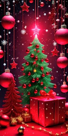 a christmas tree surrounded by red balls and ornaments on a dark background with stars, snowflakes and baubs