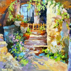 an impressionist painting of steps leading to a door with flowers growing on the outside