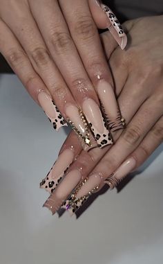 Brown Nails Cheetah, Long Cheetah Nails, How To Cheetah Print Nails, Brown Y2k Nails, White Leopard Print Nails, Brown Baddie Nails, Cheetah Acrylic Nails, Cheetah Print Nails, Hippie Nails