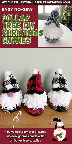 three christmas gnomes made out of yarn sitting on top of a table with text overlay