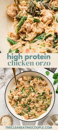 chicken and pasta in a skillet with text overlay that reads high protein chicken orzo