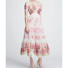 Marchesa Notte Short Sleeve Floral Embroidered Tea-Length Gown Size: 12 Condition: New With Tags Features: -Short Sleeves -Sheer Panel -Floral Embroideries -78% Nylon, 20% Polyester, 2% Rayon -Dry Clean -Imported -Style Id: N28g0810 Material: See Picture Above Measurements: See Photos For Approximate Measurements Floral Print Long Dress, Print Long Dress, Gown Skirt, Floral Print Dress Long, Designer Evening Gowns, Designer Evening Dresses, Pink Floral Dress, Tea Length Dresses, Formal Dresses Prom