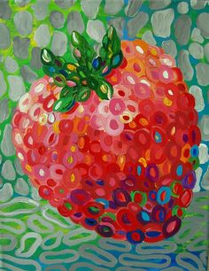 a painting of a strawberry on a green and blue background