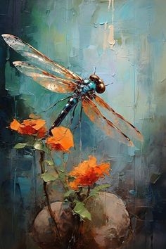 a painting of a dragonfly sitting on top of flowers