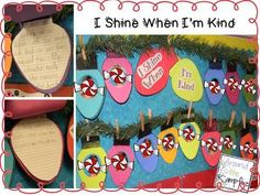 i shine when i'm kind bulletin board with shoes and candy canes on it