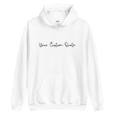 This custom hoodie is unisex for both men and women. Personalize this hoodie with your own custom text. Everyone needs a cozy go-to hoodie to curl up in, so go for one that's soft, smooth, and stylish. It's the perfect choice for cooler evenings! ♥Details: * 50% cotton, 50% polyester * Double-lined hood * Double-needle stitching throughout * Air-jet spun yarn with a soft feel and reduced pilling * 1x1 athletic rib knit cuffs and waistband with spandex * Front pouch pocket ♥Sizing: Please refer t Customizable Hooded Sweatshirt For Streetwear, Customizable White Hoodie For Streetwear, Customizable Fleece Hoodie For Streetwear, Customizable Hooded Sweatshirt For Winter, Customizable Hooded Winter Sweatshirt, Custom Print Hoodie For Winter, White Hooded Sweatshirt With Custom Print, Customizable Casual Fleece Hoodie, Custom Print Long Sleeve Hoodie For Winter