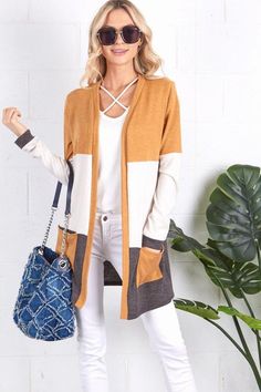 Color Block Cardigan, Classic Cardigan, Mustard Color, Comfortable Fashion, Fall Fashion