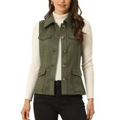 Make a smart casual look with this rustic sleeveless jacket. This faux suede utility vest is never out of style Model is wearing in size XS (Height: 5'6", Chest: 32 1/4 inches, Waist: 23 5/8 inches, Hip: 34 1/4 inches, Weight: 105 lbs) Measurement (in inches) International Size----------Chest Girth----------Shoulder Width XS------------------------------34 1/4--------------------------13 1/4 S--------------------------------36 1/4--------------------------13 3/4 M-------------------------------3 Long Parka Jacket, Cargo Vest, Utility Vest, Suede Vest, Female Shorts, Long Parka, Long Winter Coats, Outwear Jackets, Belted Trench Coat