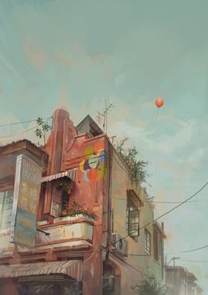 an image of a painting of a building with balloons in the air above it and people walking down the street