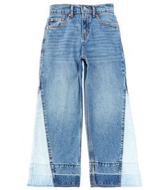 From Levi's®&#x2C; these jeans feature:90's-inspired stylingHigh riseFive-pocket stylingLooped waistband with inner adjustable bandWide legsColor-blocked piecing insets at the outer sides of legs"Whiskering" effectRaw-edge hemZip/button-front closureBody of cotton/elastane; pockets of cotton; piecing of cotton/elastaneMachine wash/tumble dryImported. Released Hem Jeans, Hem Jeans, 90s Inspired, Heritage Brands, Dillard's, Baggy Fits, Girls Jeans, Medium Blue, Classic Style