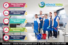 a group of people in blue aprons and white shirts with cleaning supplies posing for the camera